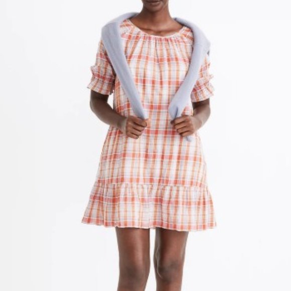 Madewell Plaid Ruffle-Sleeve Popover Mini Dress M - Picture 1 of 10